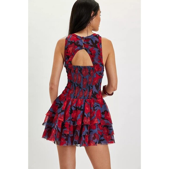 Free People Raven Printed Mini Dress Floral Smocked Tiered Cutout S New 281316 - Picture 4 of 8